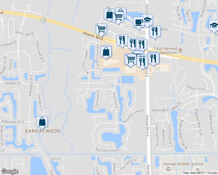 map of restaurants, bars, coffee shops, grocery stores, and more near 12223 Sunchase Drive in Jacksonville
