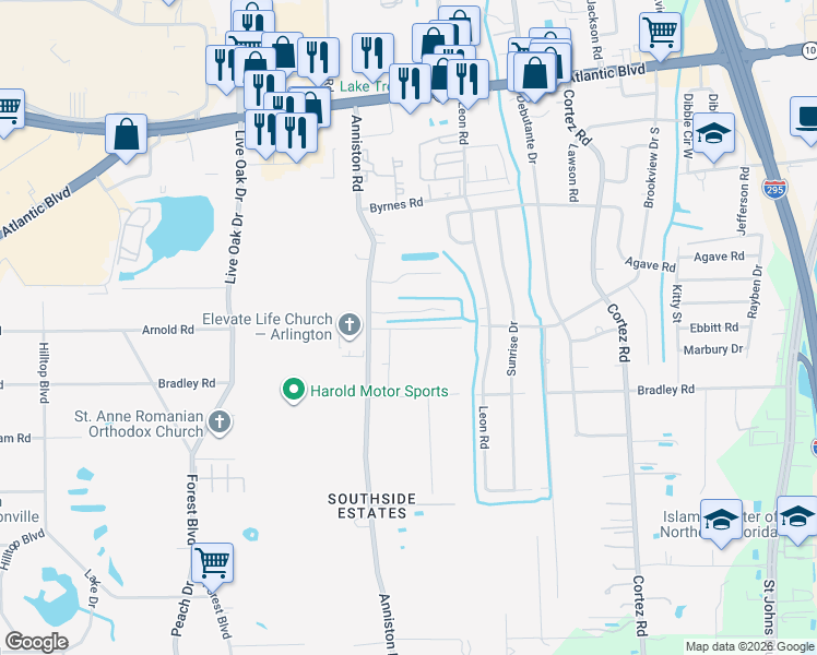 map of restaurants, bars, coffee shops, grocery stores, and more near 1937 Anniston Road in Jacksonville