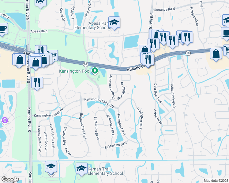 map of restaurants, bars, coffee shops, grocery stores, and more near 1830 Wildwood Creek Lane in Jacksonville