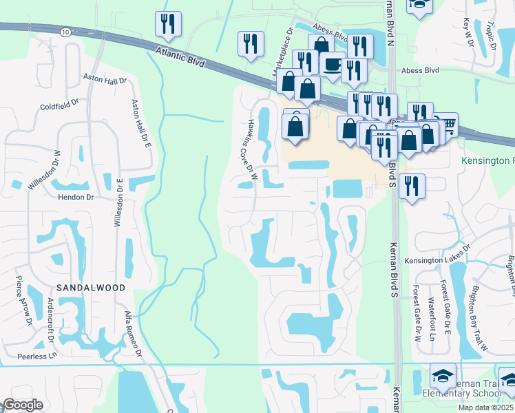 map of restaurants, bars, coffee shops, grocery stores, and more near 12103 Sunchase Drive in Jacksonville