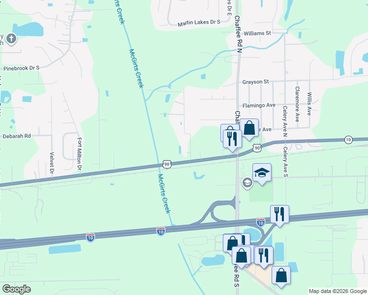map of restaurants, bars, coffee shops, grocery stores, and more near 58 Machelle Drive in Jacksonville