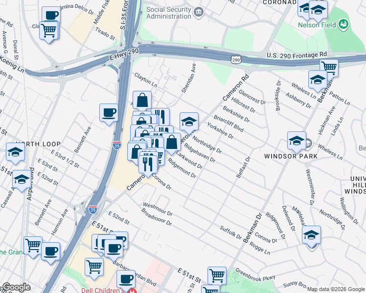 map of restaurants, bars, coffee shops, grocery stores, and more near 1200 Larkwood Drive in Austin
