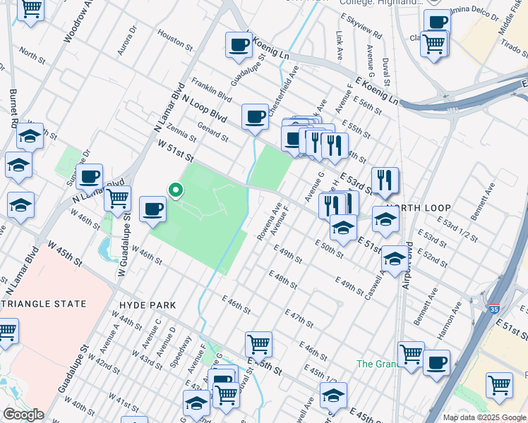 map of restaurants, bars, coffee shops, grocery stores, and more near 102 East 50th Street in Austin