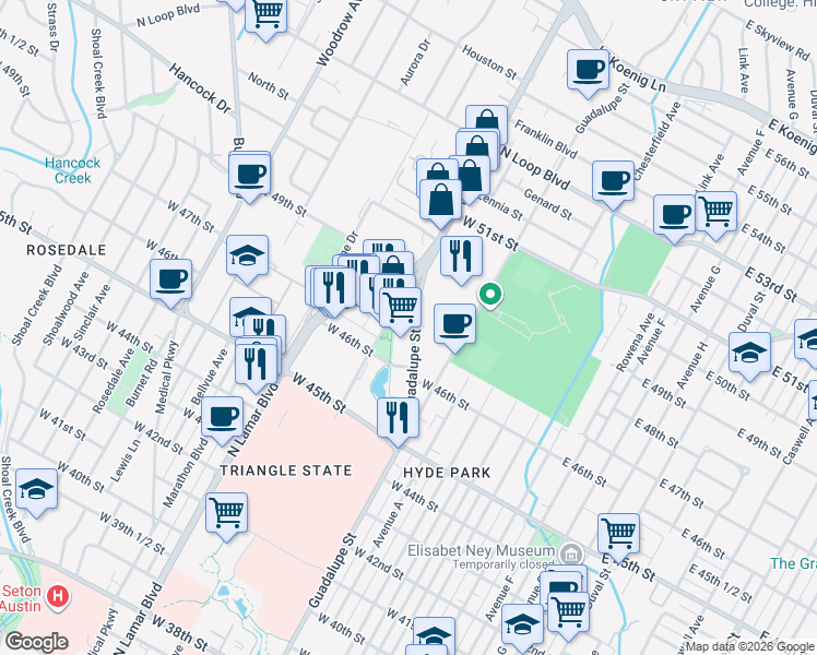 map of restaurants, bars, coffee shops, grocery stores, and more near 4600 West Guadalupe Street in Austin