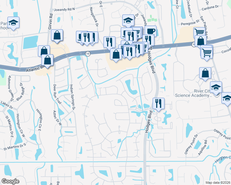 map of restaurants, bars, coffee shops, grocery stores, and more near 2175 The Woods Drive East in Jacksonville
