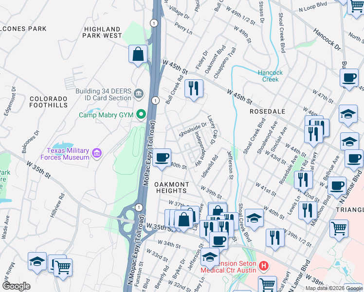 map of restaurants, bars, coffee shops, grocery stores, and more near 4110 Prosper Lane in Austin