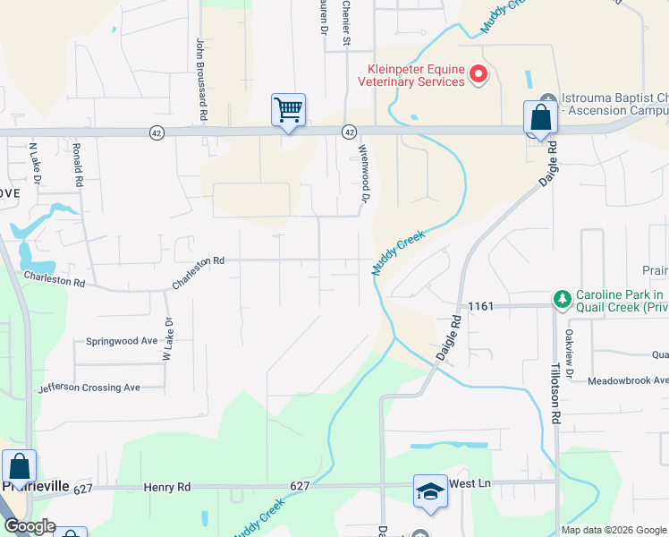 map of restaurants, bars, coffee shops, grocery stores, and more near 38503 Charleston Road in Prairieville