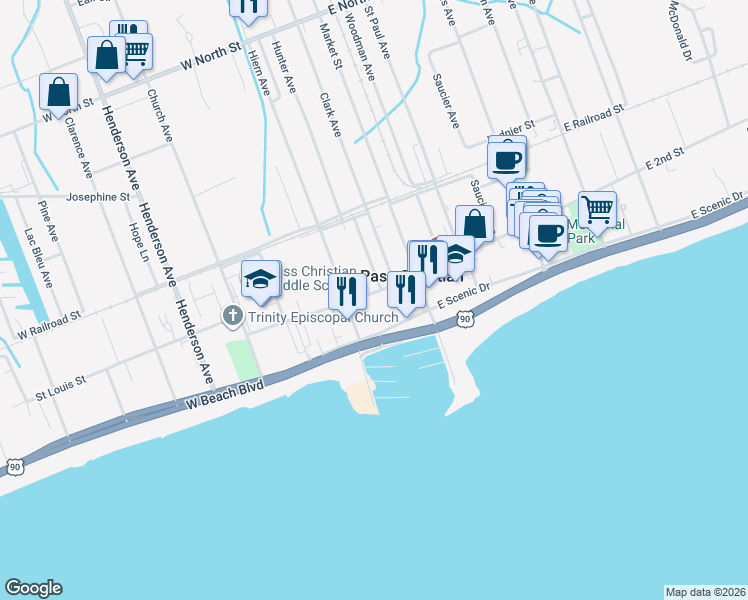 map of restaurants, bars, coffee shops, grocery stores, and more near 131 West Second Street in Pass Christian