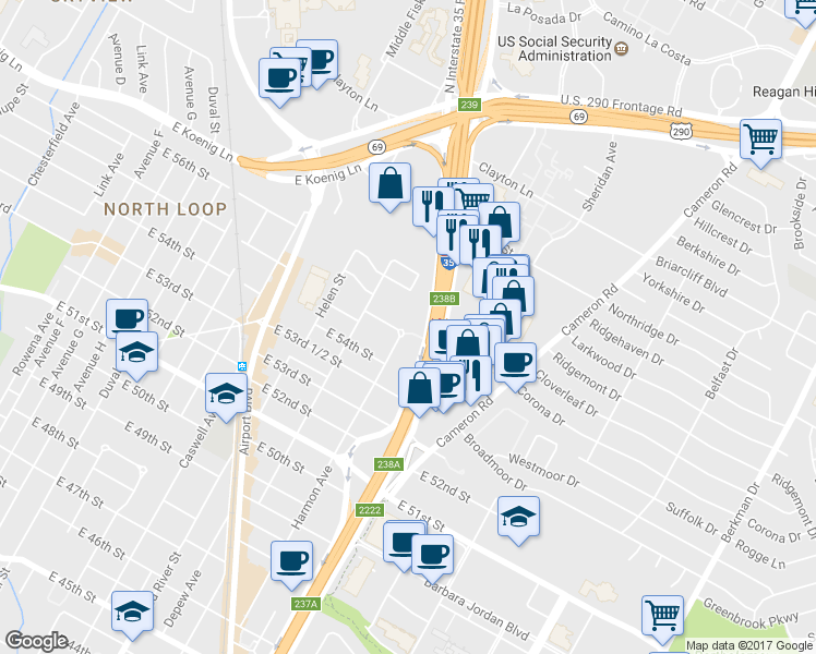 map of restaurants, bars, coffee shops, grocery stores, and more near 940 East 55th Street in Austin