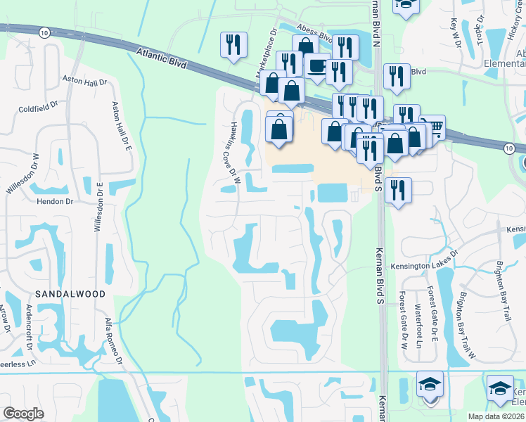 map of restaurants, bars, coffee shops, grocery stores, and more near 12159 Sunchase Drive in Jacksonville