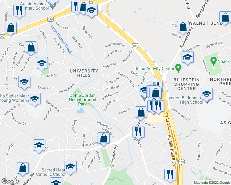 map of restaurants, bars, coffee shops, grocery stores, and more near 6812 Bryn Mawr Drive in Austin