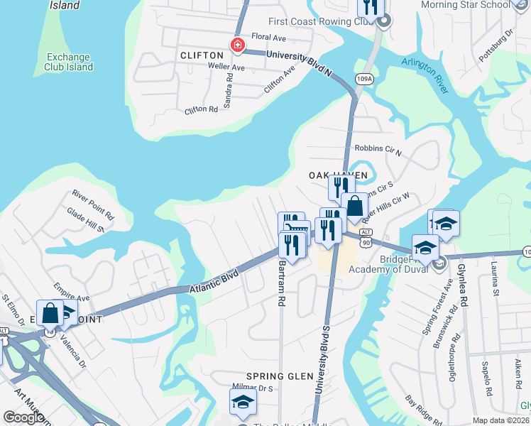 map of restaurants, bars, coffee shops, grocery stores, and more near 1218 River Bank Court in Jacksonville