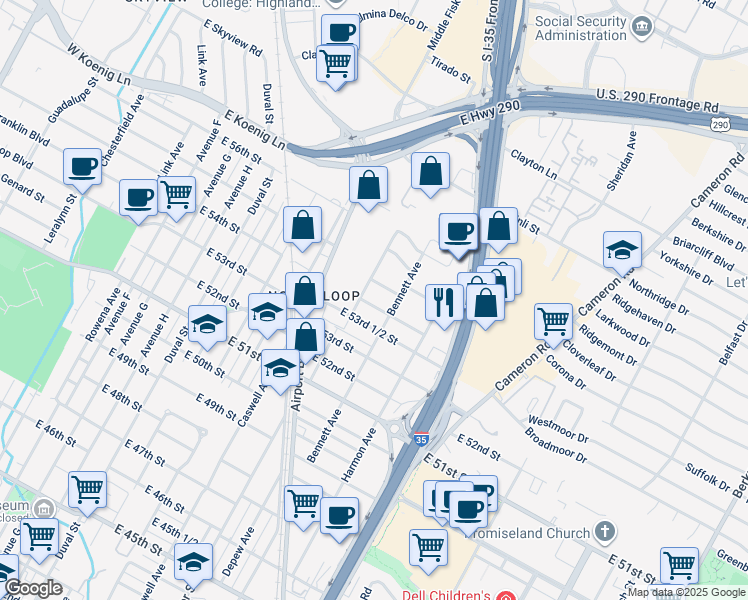map of restaurants, bars, coffee shops, grocery stores, and more near 5404 Bennett Avenue in Austin
