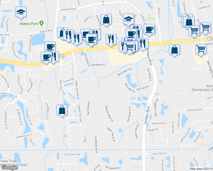 map of restaurants, bars, coffee shops, grocery stores, and more near 2033 Bent Pine Court in Jacksonville