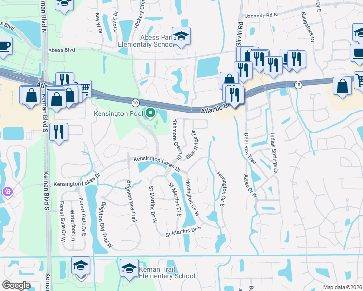map of restaurants, bars, coffee shops, grocery stores, and more near 1830 Wildwood Creek Lane in Jacksonville