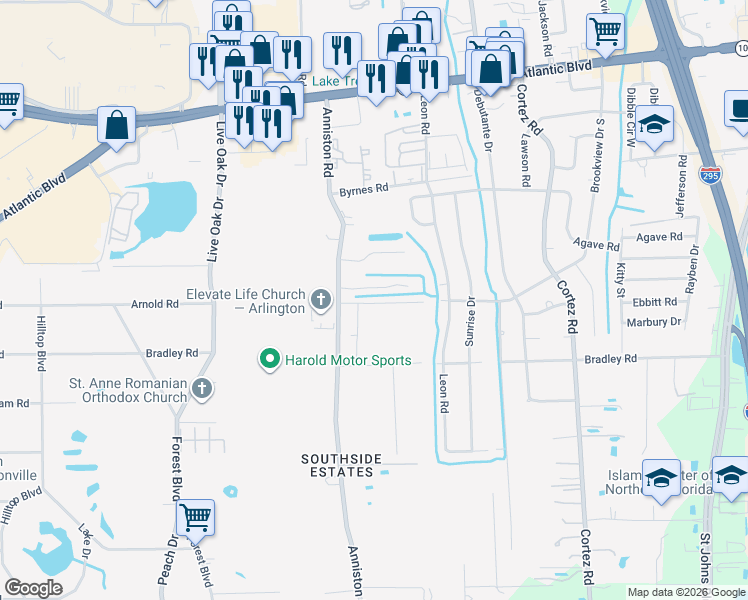 map of restaurants, bars, coffee shops, grocery stores, and more near 1937 Anniston Road in Jacksonville