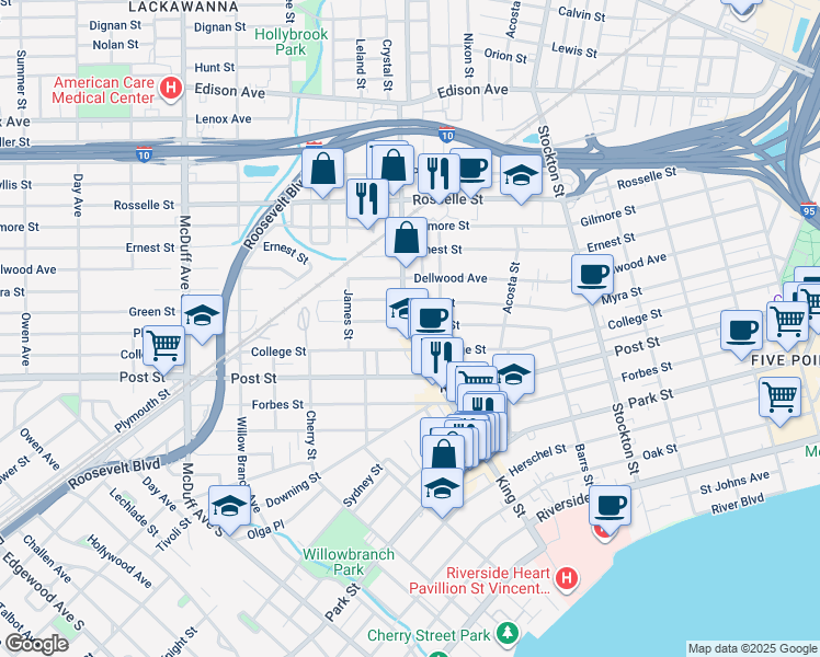 map of restaurants, bars, coffee shops, grocery stores, and more near 2696 Green Street in Jacksonville