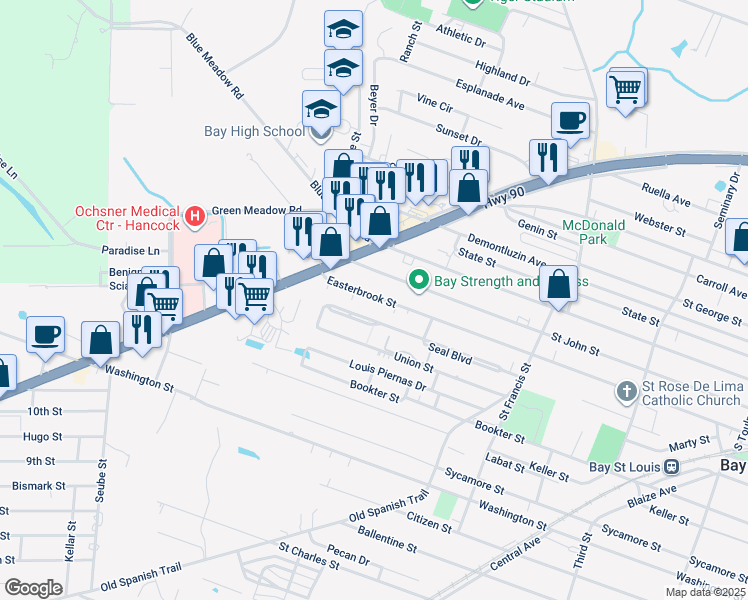 map of restaurants, bars, coffee shops, grocery stores, and more near 590 Easterbrook Street in Bay St. Louis