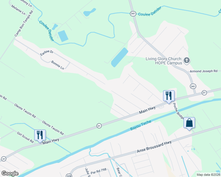 map of restaurants, bars, coffee shops, grocery stores, and more near 1181 Earline Drive in Breaux Bridge