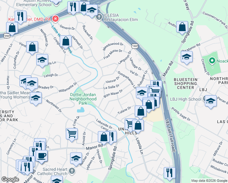 map of restaurants, bars, coffee shops, grocery stores, and more near 6812 Bryn Mawr Drive in Austin