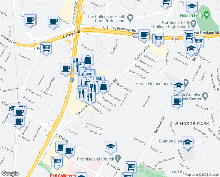 map of restaurants, bars, coffee shops, grocery stores, and more near 1200 Larkwood Drive in Austin
