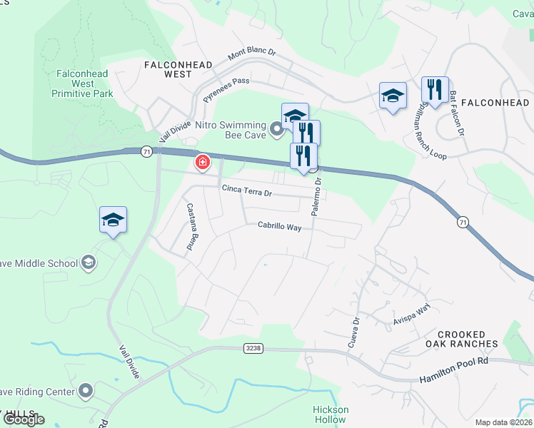 map of restaurants, bars, coffee shops, grocery stores, and more near 15505 La Catania Way in Bee Cave