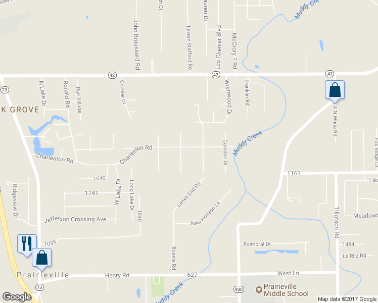map of restaurants, bars, coffee shops, grocery stores, and more near 38447 Charleston Road in Prairieville