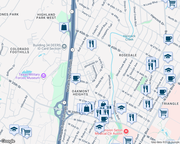 map of restaurants, bars, coffee shops, grocery stores, and more near 4105 McKinley Fields Drive in Austin