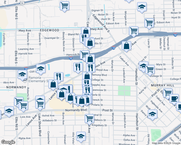 map of restaurants, bars, coffee shops, grocery stores, and more near 711 Cassat Avenue in Jacksonville