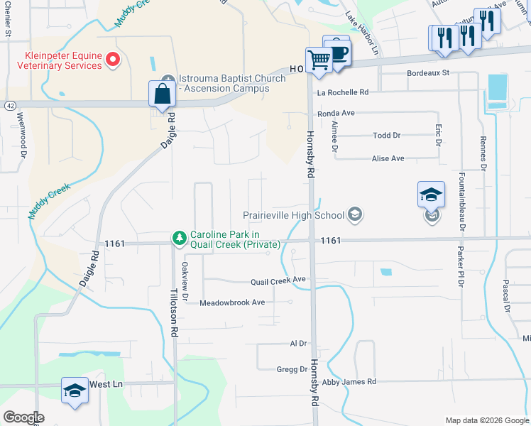 map of restaurants, bars, coffee shops, grocery stores, and more near 17056 Richmond Drive in Prairieville