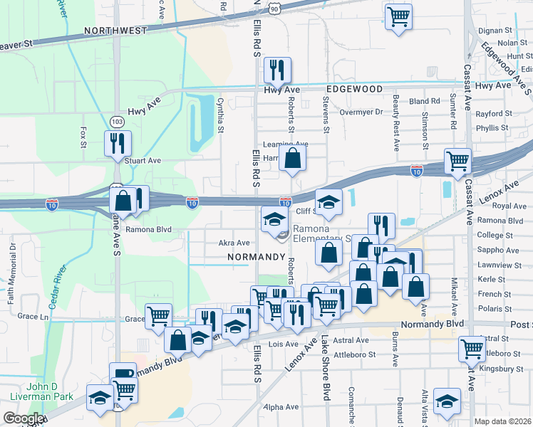 map of restaurants, bars, coffee shops, grocery stores, and more near 5548 Cliff Street in Jacksonville