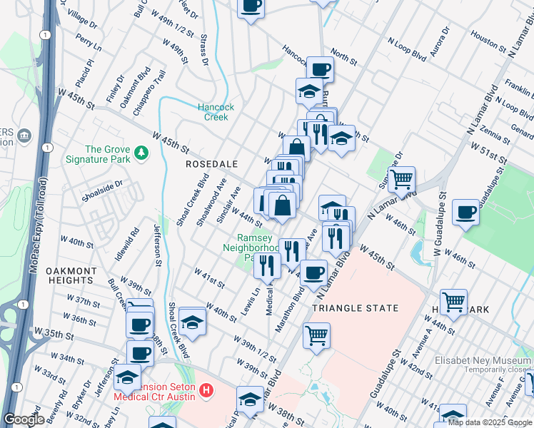 map of restaurants, bars, coffee shops, grocery stores, and more near 4409 Rosedale Avenue in Austin