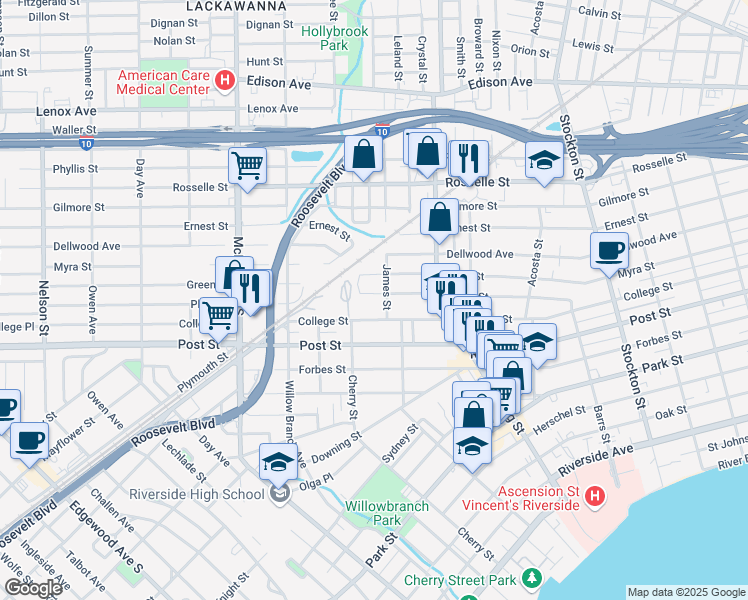 map of restaurants, bars, coffee shops, grocery stores, and more near 2848 Green Street in Jacksonville