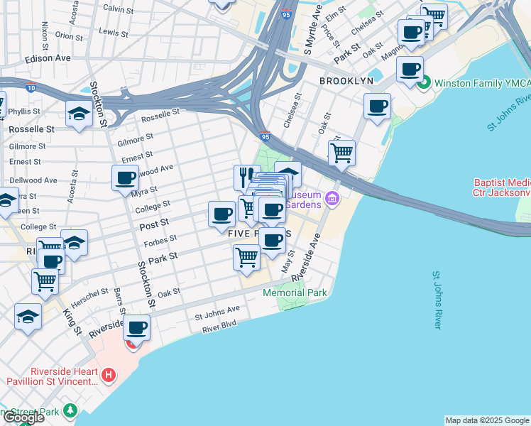 map of restaurants, bars, coffee shops, grocery stores, and more near 1018 Park Street in Jacksonville