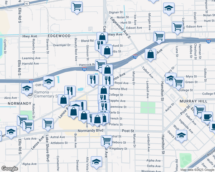 map of restaurants, bars, coffee shops, grocery stores, and more near 711 Cassat Avenue in Jacksonville