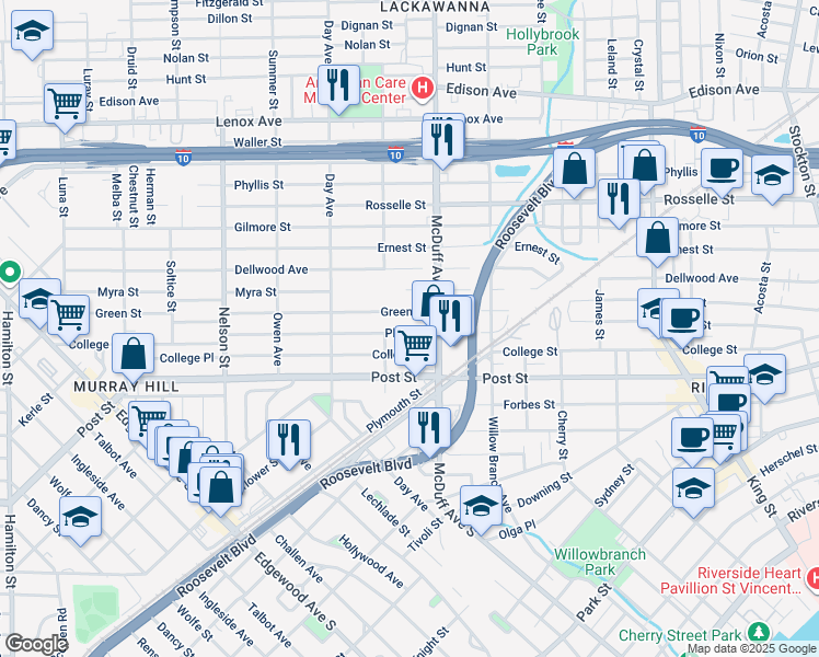 map of restaurants, bars, coffee shops, grocery stores, and more near 3033 Plum Street in Jacksonville