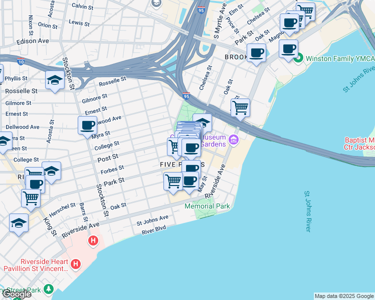 map of restaurants, bars, coffee shops, grocery stores, and more near 1018 Park Street in Jacksonville