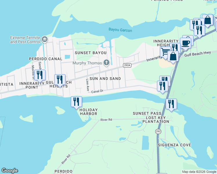 map of restaurants, bars, coffee shops, grocery stores, and more near 13950 Canal Drive in Pensacola