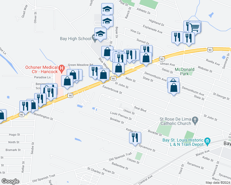 map of restaurants, bars, coffee shops, grocery stores, and more near 590 Easterbrook Street in Bay St. Louis