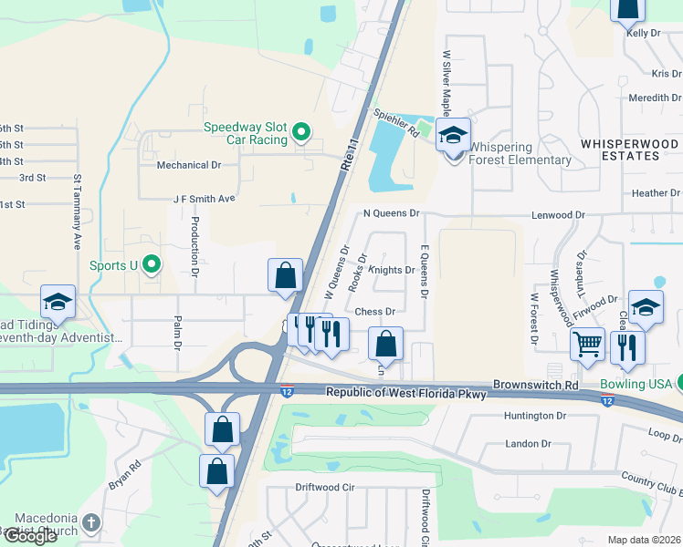 map of restaurants, bars, coffee shops, grocery stores, and more near 132 West Queens Drive in Slidell