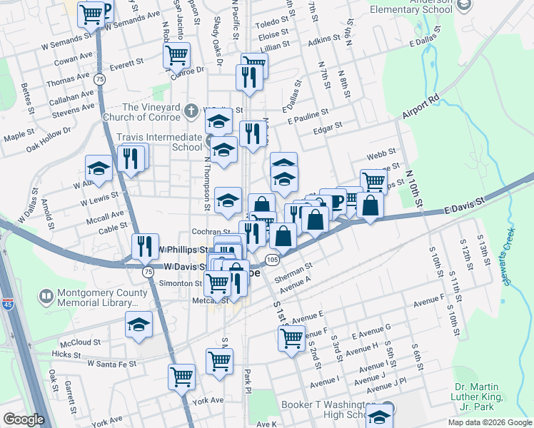 map of restaurants, bars, coffee shops, grocery stores, and more near 222 Murray Street in Conroe