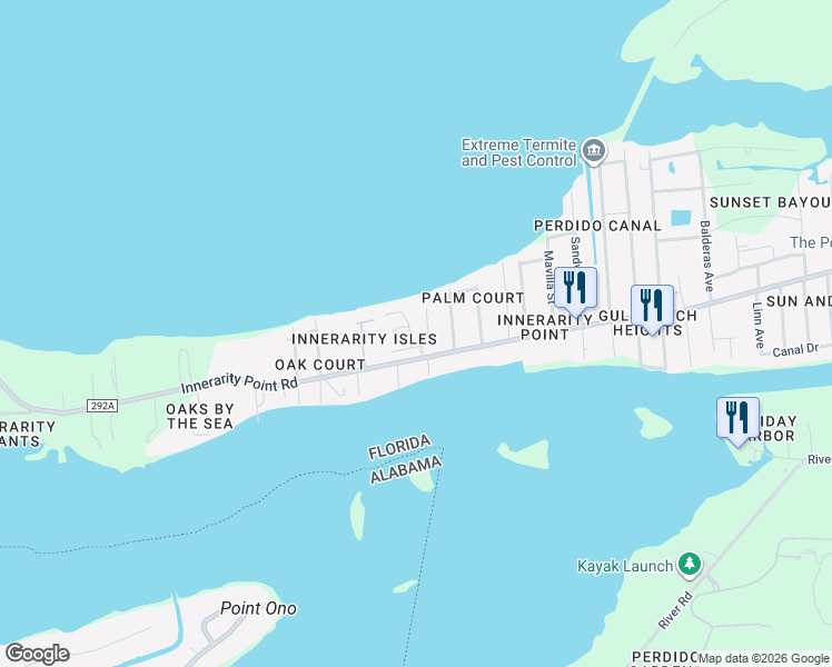 map of restaurants, bars, coffee shops, grocery stores, and more near 5915 Bay Vista Drive in Pensacola