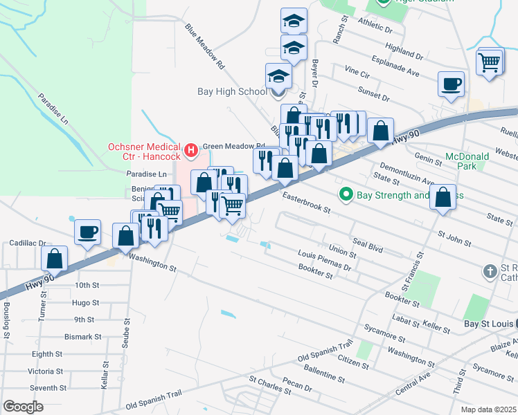 map of restaurants, bars, coffee shops, grocery stores, and more near 810 US 90 in Bay St. Louis