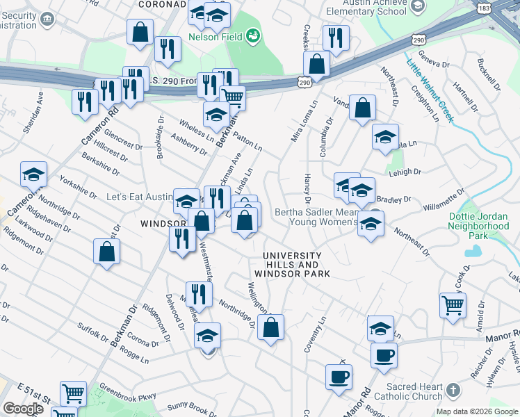 map of restaurants, bars, coffee shops, grocery stores, and more near 6211 Peggy Street in Austin