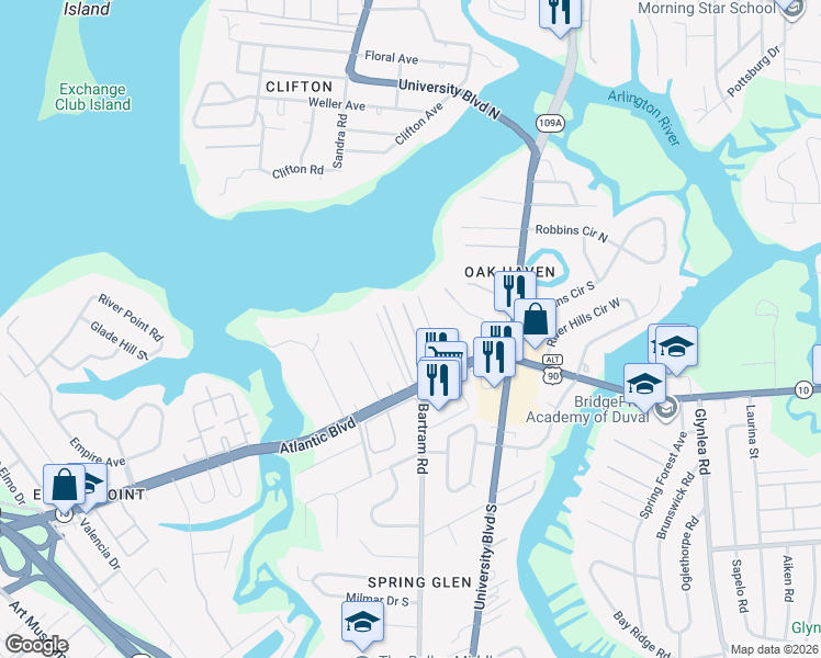 map of restaurants, bars, coffee shops, grocery stores, and more near 5811 Atlantic Boulevard in Jacksonville