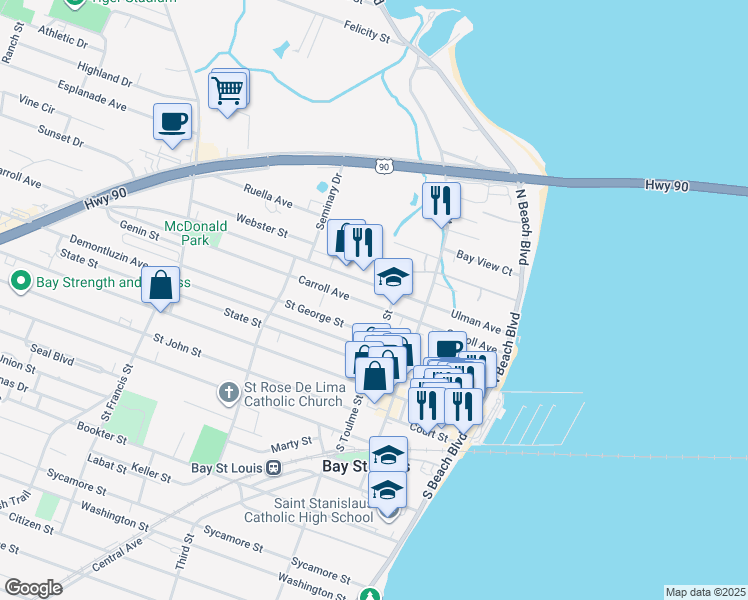 map of restaurants, bars, coffee shops, grocery stores, and more near 307 Carroll Avenue in Bay St. Louis