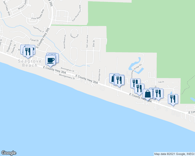 map of restaurants, bars, coffee shops, grocery stores, and more near 59 Montigo Avenue in Santa Rosa Beach
