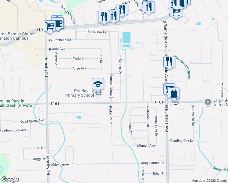 map of restaurants, bars, coffee shops, grocery stores, and more near 17058 Fountainbleau Drive in Prairieville