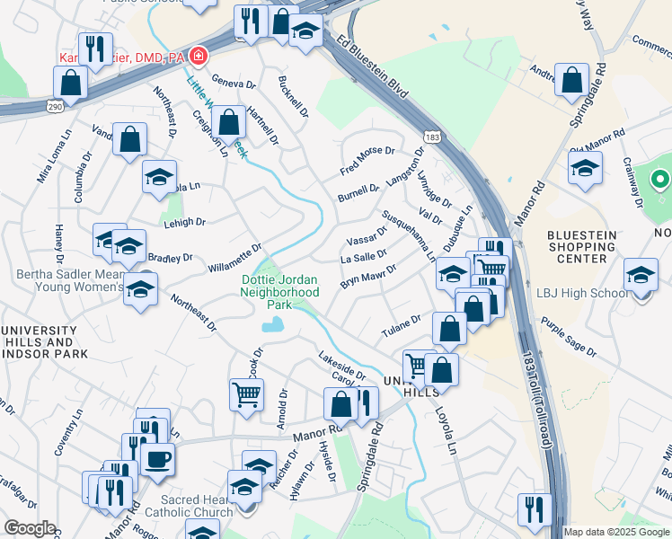 map of restaurants, bars, coffee shops, grocery stores, and more near 6806 Hanover Lane in Austin