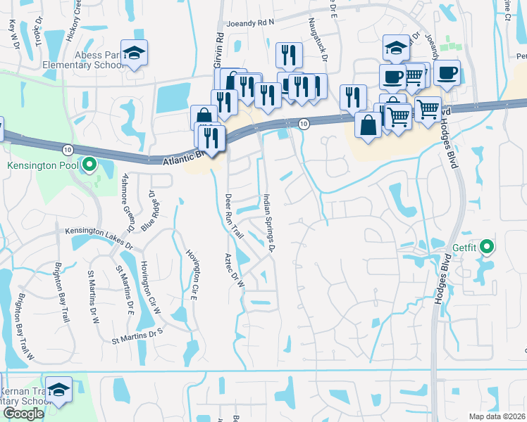 map of restaurants, bars, coffee shops, grocery stores, and more near 2028 Indian Springs Drive in Jacksonville